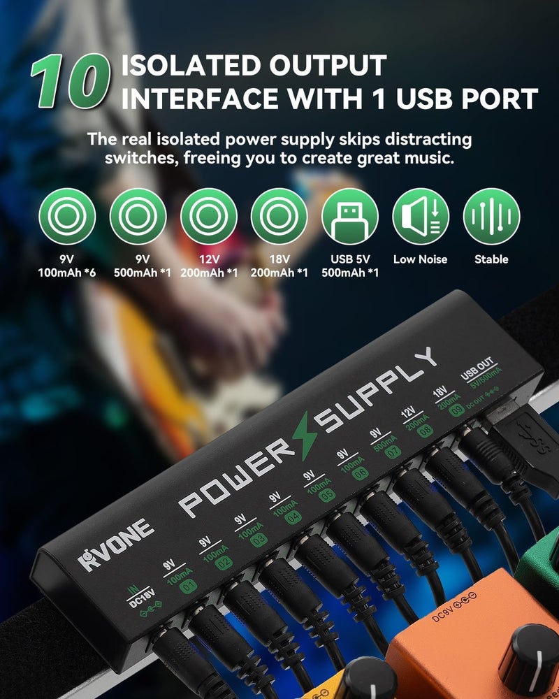 RVONE Guitar Pedal Power Supply, 10 Isolated DC Output for 9V/12V/18V Effect Pedal, Circuit Protection, Noise Reduction, 100mA 500mA USB Pedalboard Power Supply - Image 2